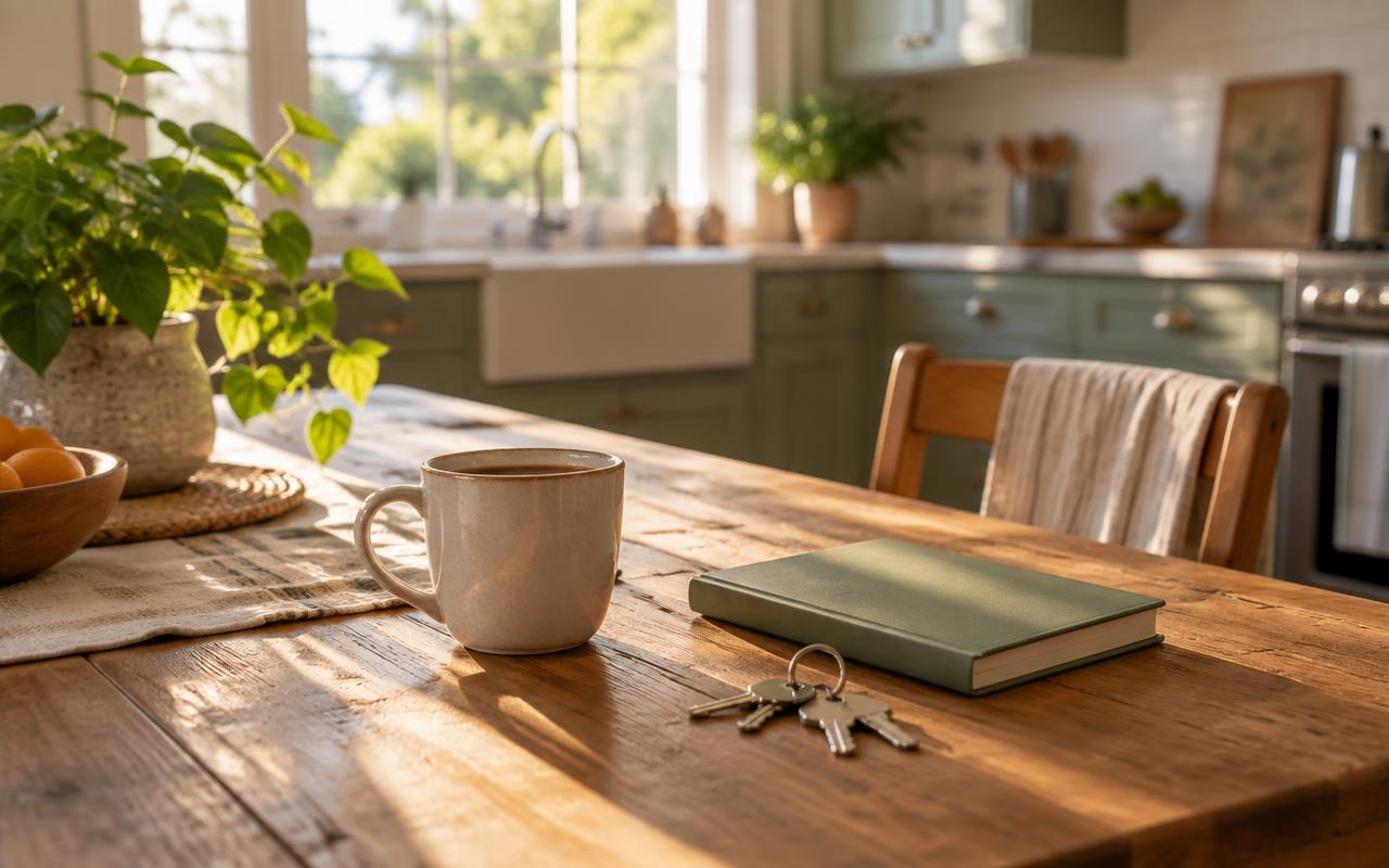 House keys, a mug and a notebook on a wooden kitchen table