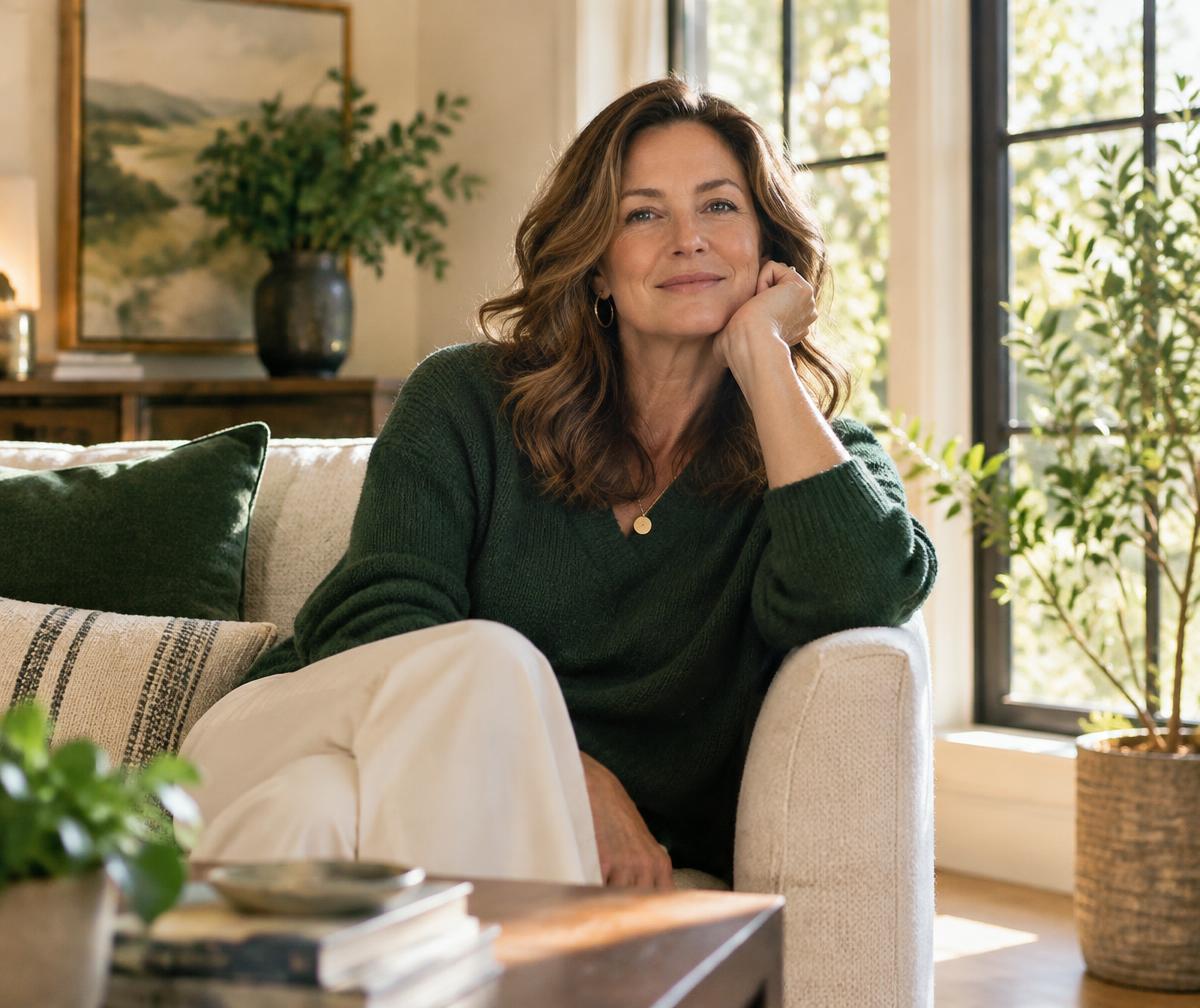 A smiling woman in a green sweater sitting on a living-room sofa
