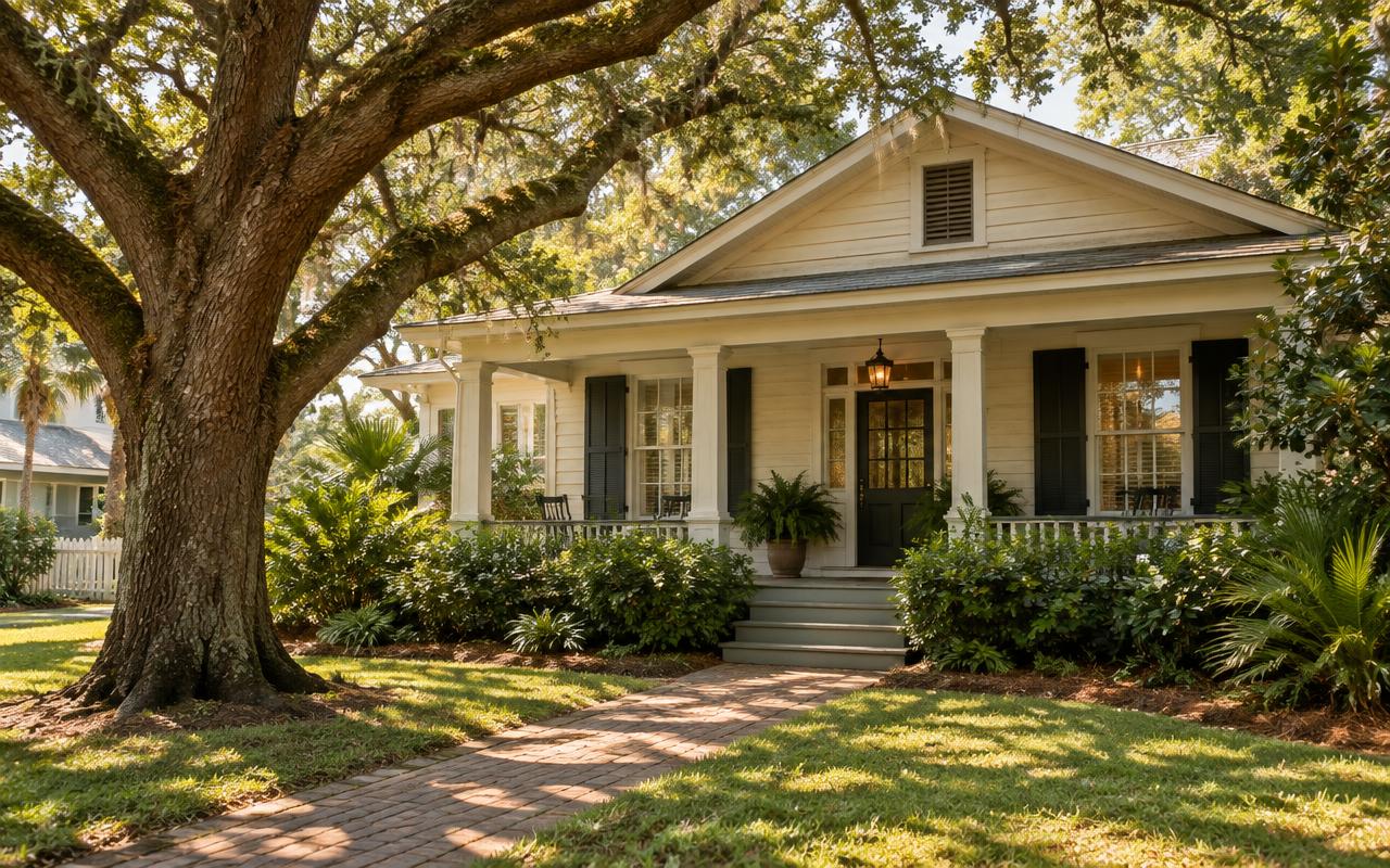 A cream craftsman house with a front porch under a large oak tree