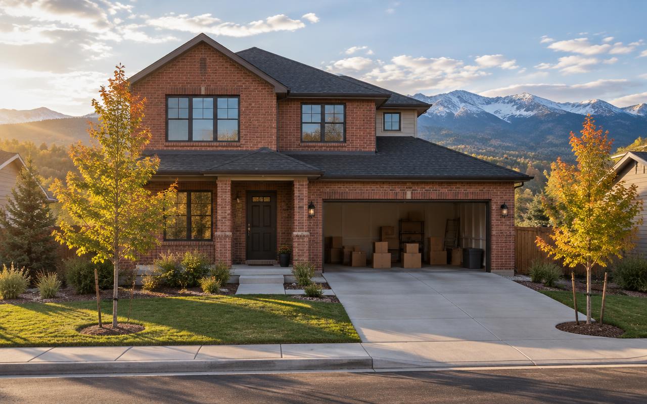 A brick two-story house with mountains in the background