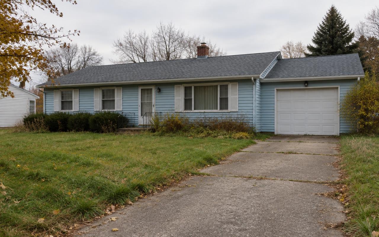 A blue single-story house with an attached garage and a long driveway