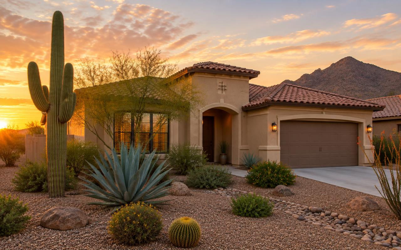 A desert stucco house with a saguaro cactus at sunset