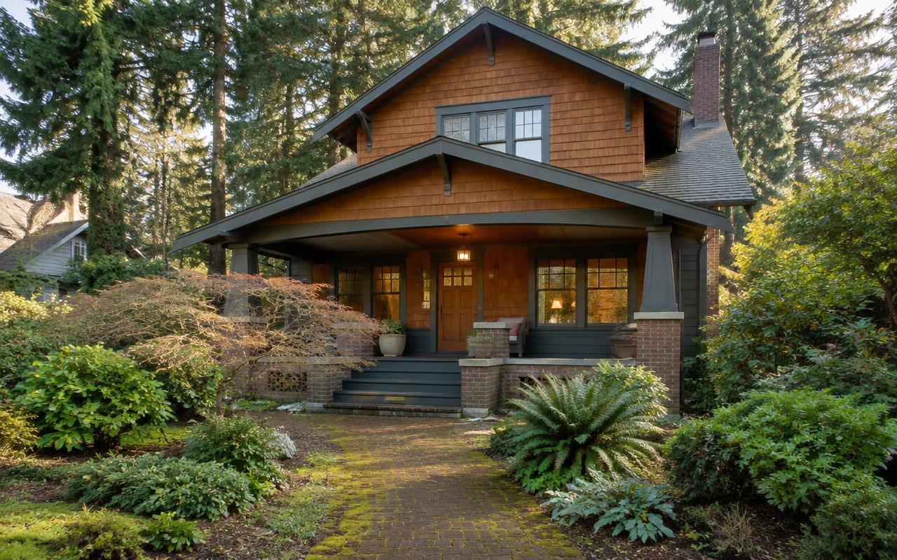 A brown craftsman bungalow surrounded by a leafy garden