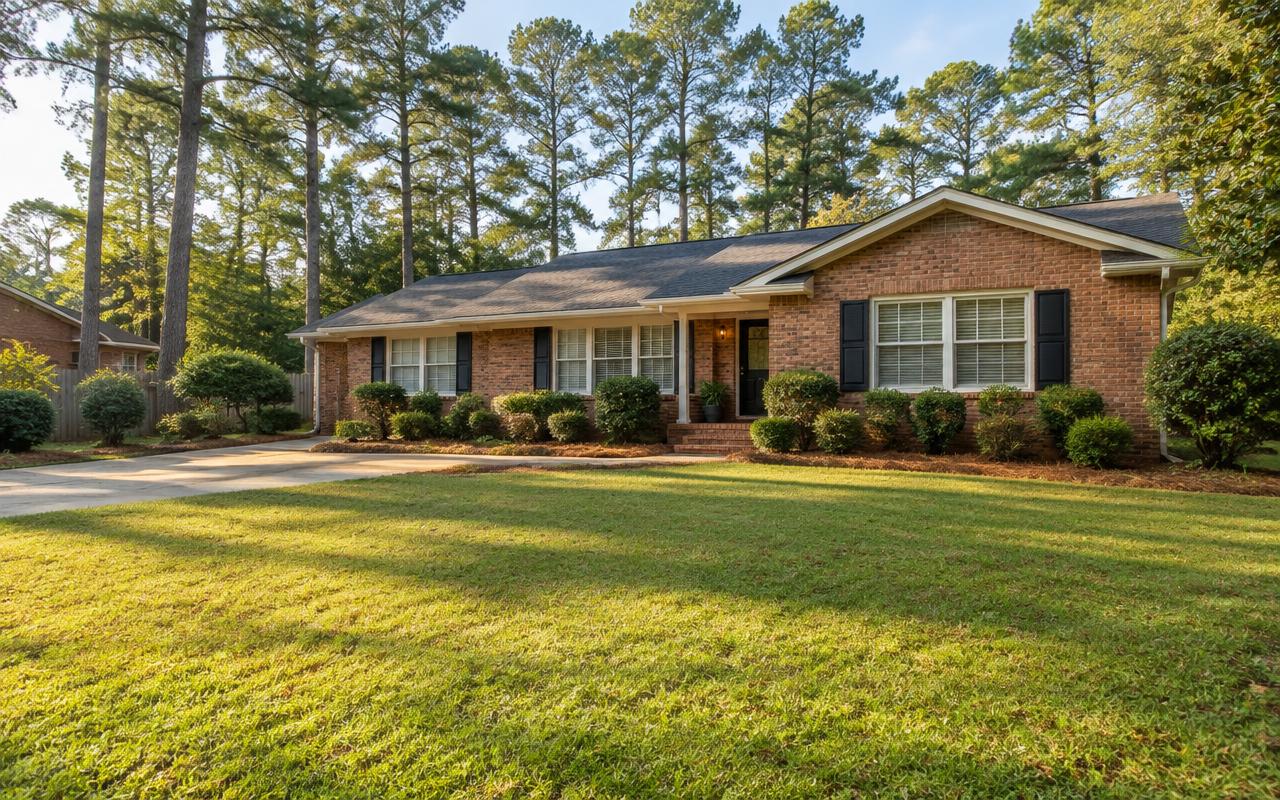 A single-story brick house with a wide front lawn