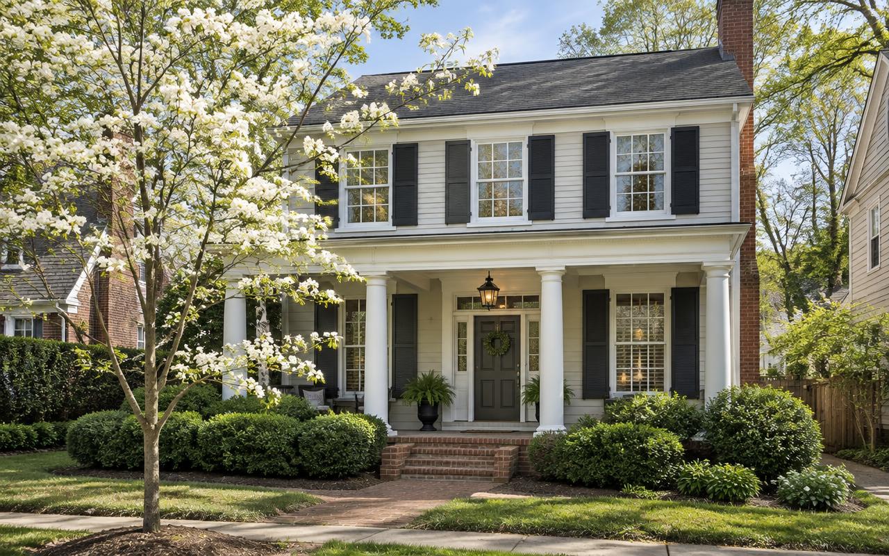 A white two-story colonial house with black shutters and a flowering tree