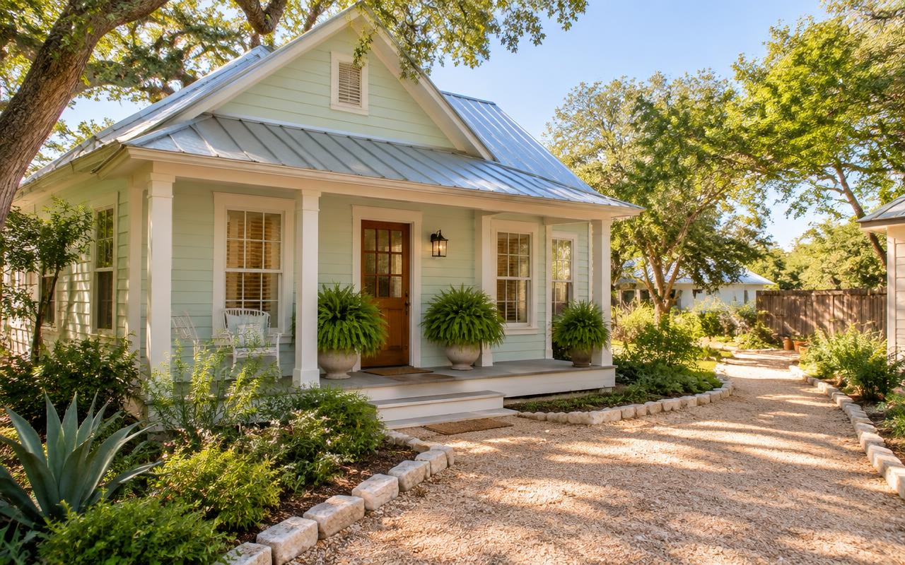 A sage-green cottage with a metal roof and a gravel path